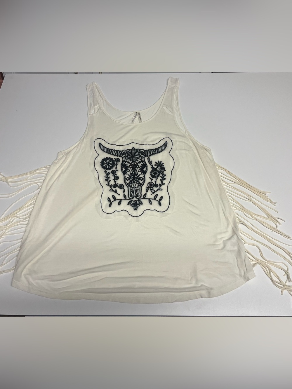 Cream Fringe Tank Top with Black Embroidered Bull Motif